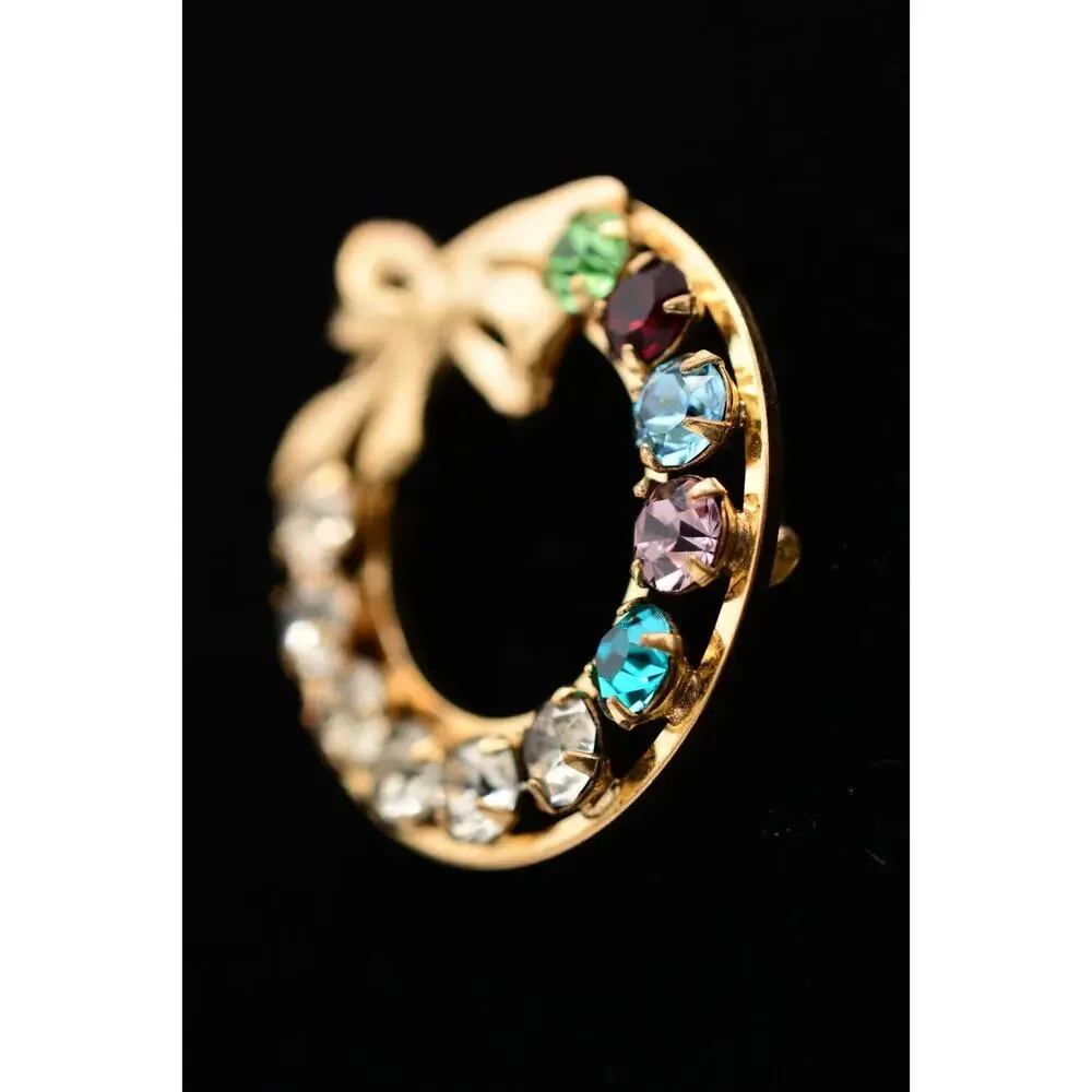 Vintage Crystal Wreath Pin Brooch Bow Rhinestone Crystal Prong Gold Signed BinAT